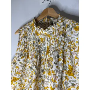 J crew XXL Yellow Floral Pintuck Ruffle Neck Cotton sleeveless Blouse BL078 thumbnail 3