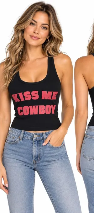 “Kiss Me Cowboy” Black Racerback Crop Tank Top Y2K Western Sz M thumbnail 1