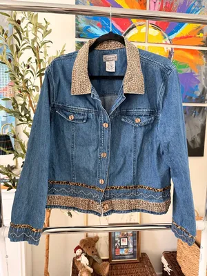 Y2K Vintage Western Country Boho Chic Leopard Print Beaded Trim Denim Jacket thumbnail 14