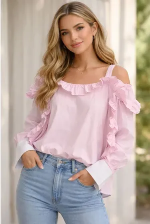 ✨INA Ruffle Cold Shoulder Long Sleeve Pink Sz Medium Blouse✨ thumbnail 1