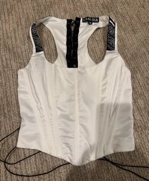 I.AM.GIA White Corset Tank with Black Lace Trim thumbnail 1