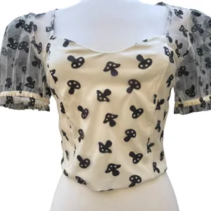 Hot‎ Topic Shirt Md Cream Glitter Mushrooms Cropped Sheer Puff Sleeve Whimsigoth thumbnail 2