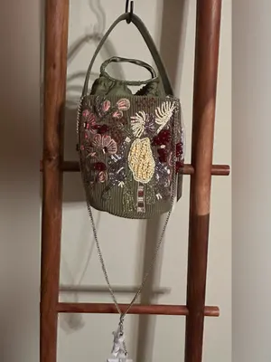 From India to You Beaded Botanical Corduroy Bucket Bag thumbnail 2