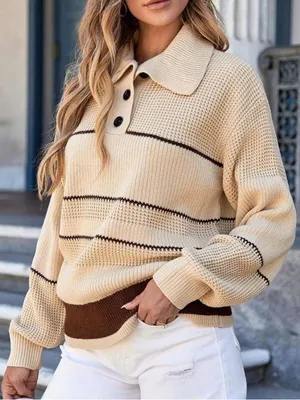 Dokotoo NWT Beige/Brown Striped Collared Button Neck Knit Pullover Sweater L Size L thumbnail 1