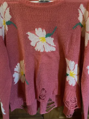 Show Me Your MuMu Coral Pink Floral Distressed Crewneck Sweater Size medium thumbnail 6