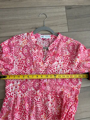 Zara Pink Red Ikat Geometric Print 3/4 Sleeve Tiered Skirt Boho Maxi Dress NWOT thumbnail 6