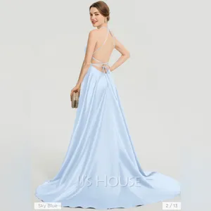 Romantic JJs House Sky Blue Satin Halter Backless Split Maxi Gown w/ Train thumbnail 2