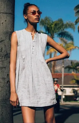 Faherty Isha 100% Linen Dress Blue Mini Stripe Pintuck WDS2119-BMT Bestseller thumbnail 1