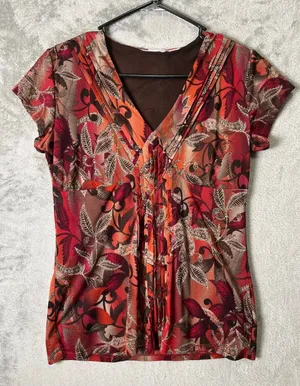 Vintage Boho Floral Top Brown Orange Leaf Print V Neck Cap Sleeve Fall Blouse MD thumbnail 1