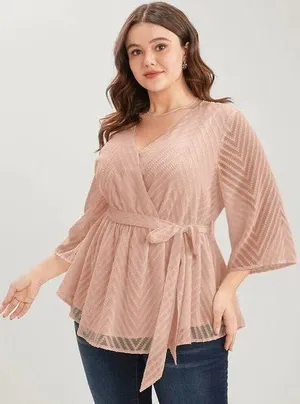 Bloomchic Geometric Mesh Surplice Neck Belted Ruffles Blouse Sheer Pink 12 thumbnail 1
