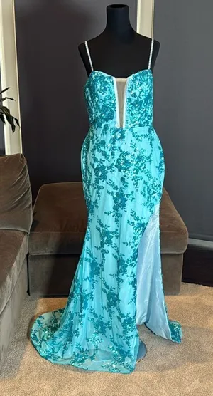 Women’s Blue Mermaid Fit Prom Party Dress Sparkly Sequins Leg Slit Size 12 thumbnail 1