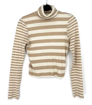 Madewell Striped‎ Turtleneck Top Tan Cream Ribbed Long Sleeve Meduim Casual EUC thumbnail 1
