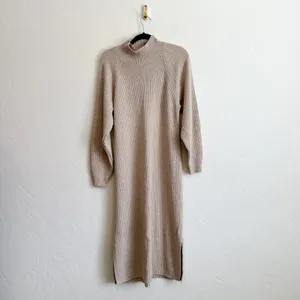 & Other Stories | Mock Neck Ribbed Knit Wool Blend Midi Dress in Oatmeal Tan‎ thumbnail 2