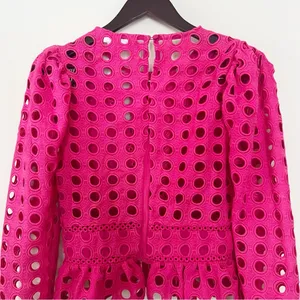 Lovers + Friends Hot Pink Puff Sleeve Peplum Top Cut Out Eyelet Size Small thumbnail 9