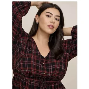 Torrid Plaid Babydoll Flannel Crinkle Gauze‎ Smocked Tie Waist Top Size 1X thumbnail 4