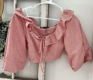 NWT ZARA Red White Stripe Puff Sleeve XS Crop Top Woman Ruffle‎ Cottage Boho thumbnail 1