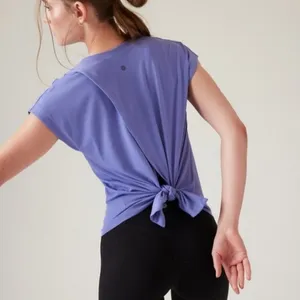 Athleta Explore Tee Adonis Blue V-Neck Split Tie Back Cap Sleeve Top 586522 L thumbnail 6