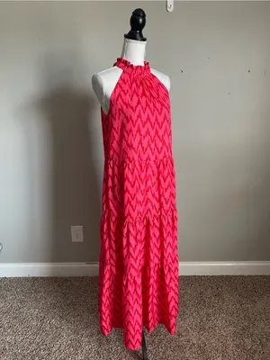 UMGEE | Hot Pink Chevron Print Tiered Halter Maxi Dress Sz S thumbnail 6