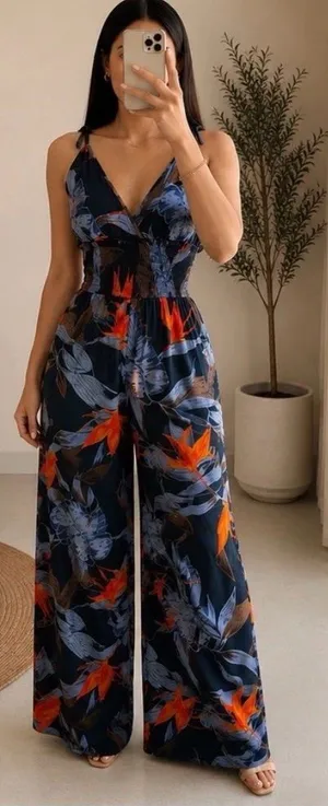 NEW Anthropologie Patrons of Peace Navy Floral Wide Leg Jumpsuit MEDIUM Blue thumbnail 1