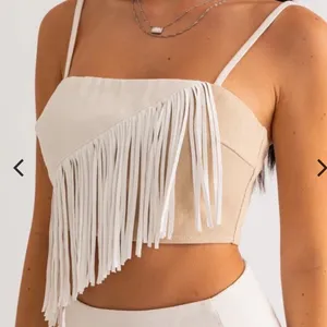 Le Lis Collection | Woman's Two Tone White Tan Ribbed Fringe Crop‎ Top, Size L thumbnail 1