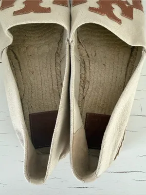 Tory Burch Double T Logo Canvas Espadrille Flats Brown Cream Size 9 thumbnail 6