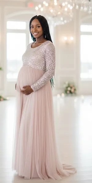 Maya Deluxe Maternity Sequin Tulle Maxi‎ Dress muted Blush Pink Size 8 fairycore thumbnail 1