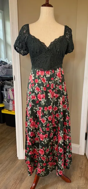 Altar'd State Green Floral Lace Maxi Dress Puff Sleeve Rose Print Small thumbnail 1
