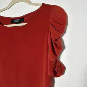 DKNY Ruched Sleeve Scoop‎ Neck Top Rust Orange Women's Size L thumbnail 5