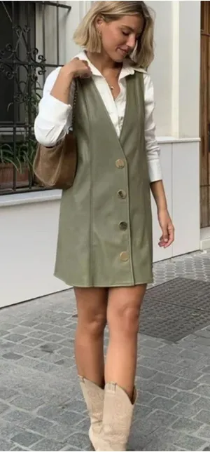 NEW ZARA Faux Leather Pinafore Dress Medium Sage Green Deep V Gold Buttons thumbnail 1