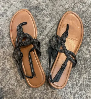 American Eagle Outfitters Black Braided Thong Sandals with Tan Footbed thumbnail 1