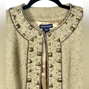 Boston Proper Women’s Stud Beaded Embellished Tan Tweed Jacket‎ Blazer Size 8 thumbnail 2