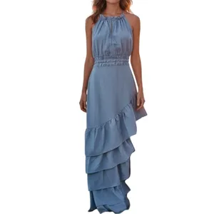 NWT ~ Women's Sexy Blue Ruffled Backless Halter Maxi Beach Dress ~ Size XL thumbnail 3