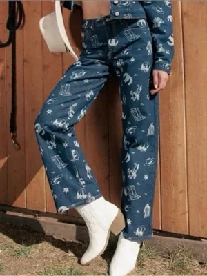Cali 1850 Western Print Wide Leg Crop Ankle Sark Wash Denim Jeans Size 26/3 thumbnail 3