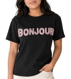 Endless Rose Bonjour Beaded Sequin Tee Textured Black Pink Small thumbnail 1