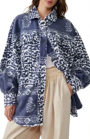Free People Blue and White Ruby Jacket Shacket Boho Button Down Cotton‎ thumbnail 1