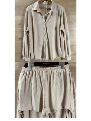 EKOUAER Beige Dot-Textured Button-Front Lounge Set NWT Large thumbnail 2