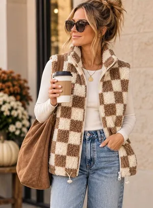 Wild Rose Checkered Sherpa Vest Womens Small Brown Cream Fleece Full Zip Padded thumbnail 1
