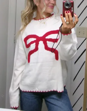 SheIn white bow sweater thumbnail 1