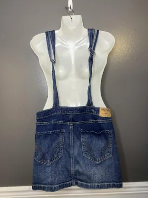 Hollister Denim Overall Dress Womens Medium Blue Skirtall Distressed Pockets thumbnail 5