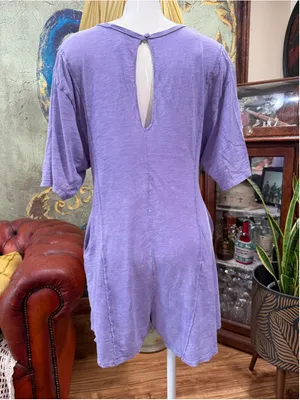 NeWViV Lavender Mineral Wash Knit Romper S 100% Cotton Raw Seam Keyhole Pocket thumbnail 5