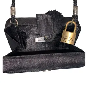 Jessica McClintock Black Satin Box‎ Clutch Purse Tassel & Rope Strap Evening Bag thumbnail 6
