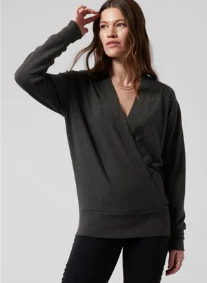 Athleta Purana Wrap Sweatshirt M Grey Tencel Modal‎ Crossover V-Neck Pullover thumbnail 1