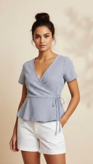 Caution To The Wind Blouse Womens S Blue & White Striped Wrap‎ Peplum Top thumbnail 1