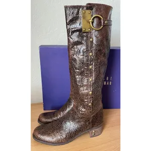 Stuart Weitzman Brown Leather Tall Boots – Brass Ring Hardware – Size 6 thumbnail 6