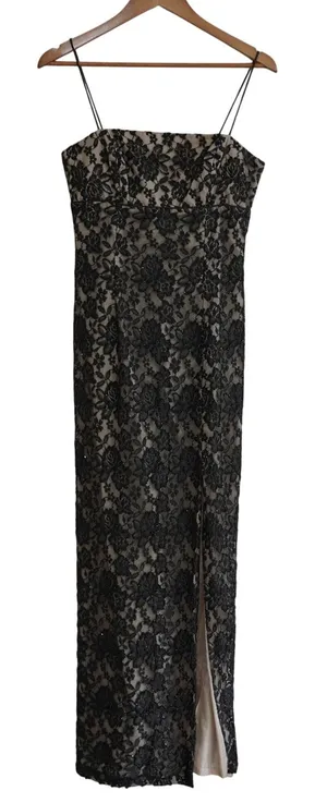 Vintage Y2K 90s Prom Black Maxi Dress Floral Beaded Lace Formal Column Gown thumbnail 1