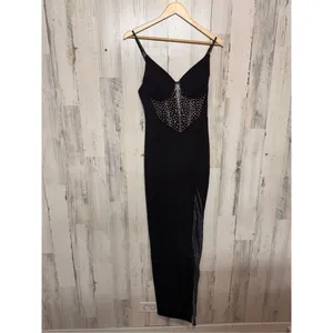 Black Rhinestone Mesh Evening Gown – Slit Maxi Dress, Size M thumbnail 8