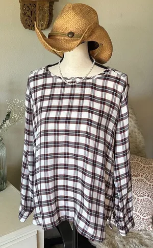 Ann Taylor loft white navy maroon plaid long sleeve boxy sheer blouse top M​​ thumbnail 1