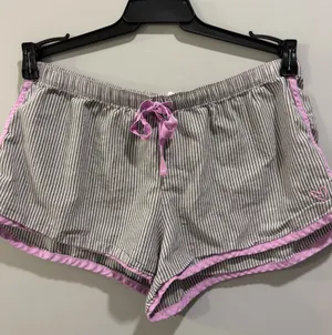 Victoria’s Secret Striped Embroidered Detail Long Sleeve Oversized Pajama Top and Shorts Set Grey and Purple thumbnail 7