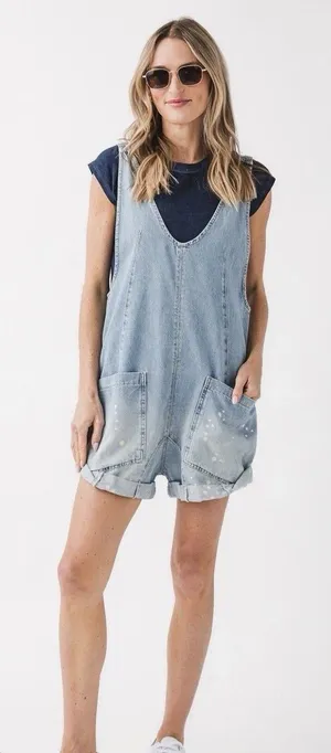 We The Free People High Roller Shortall Denim Overall M Bright Eyes Baggy 90s thumbnail 1