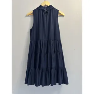 GLAM Navy Blue Tiered Mock Neck Mini Dress Sleeveless Ruffle Babydoll Size M thumbnail 3